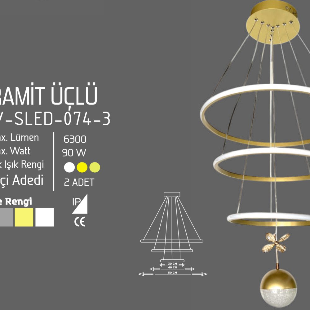 Erva Ledli Avize Piramit Yuvarlak Gold Üçlü